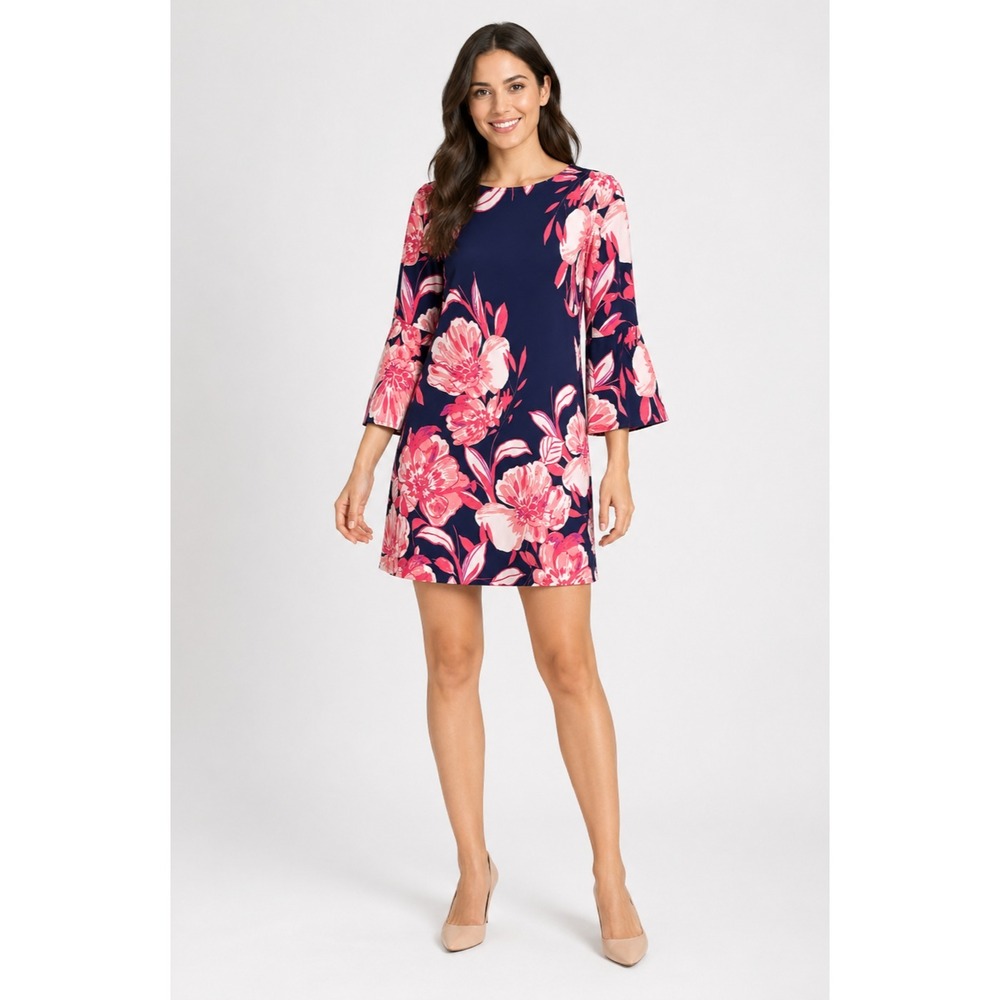Eliza J Dress Womens 4 Blue Pink Floral Print Polyester Bell Sleeves Lined Resor